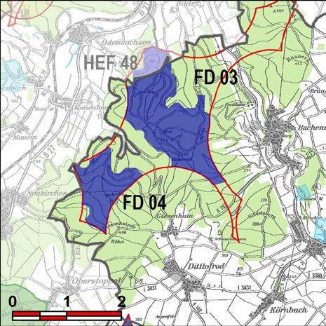 Kennung: FD 04 Mahnberg Eiterfeld Buchenau Flächengröße Suchraum: 87 ha Vorranggebiet: 87 ha 5,75 m/s bis unter 6,50 m/s reine Waldfläche an der Kreisgrenze zum Lkr.