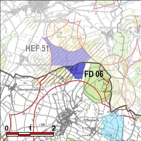Kennung: FD 06 Hufeliede Eiterfeld Ufhausen Flächengröße Suchraum: 449 ha Vorranggebiet: 37 ha 5,75 m/ bis unter 6,25 m/s reine Offenlandfläche in direkter Nachbarschaft zum bestehenden Windpark