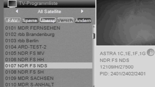 TV-Programmliste Der zu ändernde Sender, der mit den Tasten CH+ und CH- ausgewählt wird, ist mit einem gelben Balken markiert. Das Programm läuft in dem kleinen Fenster auf der rechten Seite.