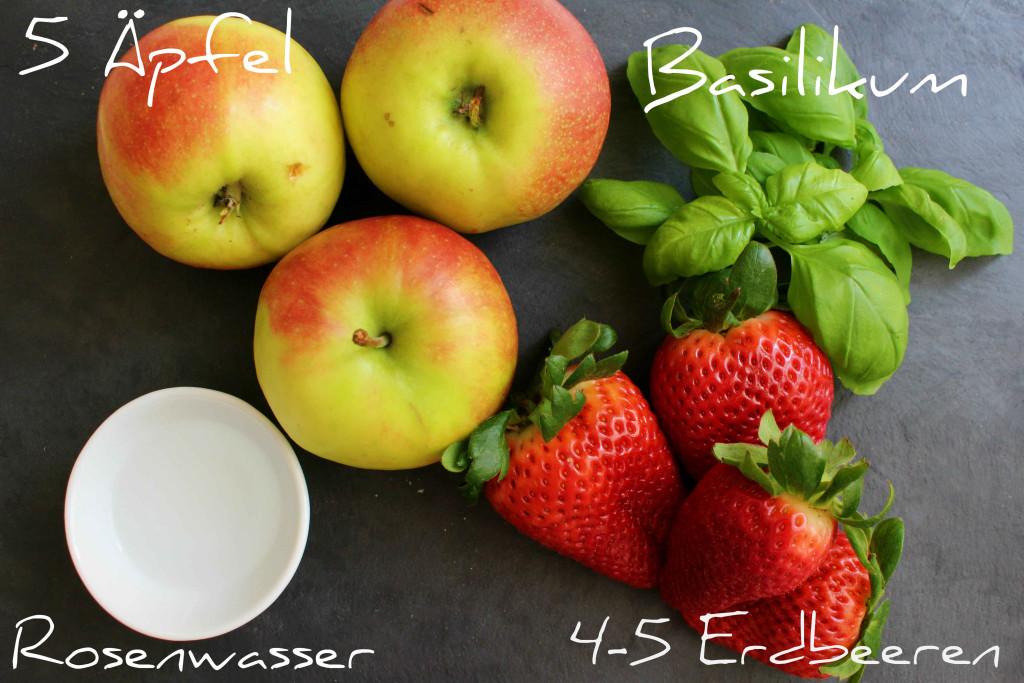 5-6 große Äpfel 4-5 große Erdbeeren eine große Handvoll Basilikum optional: Rosenwasser (bekommt ihr beim Interspar oder Merkur im Exotikregal oder im Reformhaus) Eiswürfel 1.