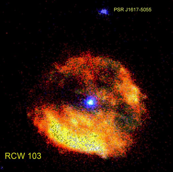 Historische Supernovaüberreste: RCW 103 (SN 300BC) XMM Alter ~ 2000 Jahre Entfernung = 10 000 LJ - Zentrale Punktquelle mit Schwarzkörper ähnlichem