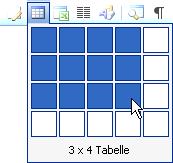 Tabelle mit dem Schaltflächensymbol erzeugen Klicken Sie auf das Symbol Tabelle einfügen und halten Sie die Maustaste gedrückt. Daraufhin öffnet sich ein Fenster mit mehreren Feldern.