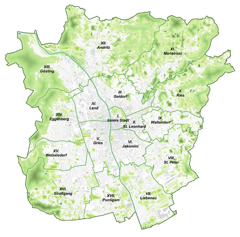 Graz - 5 - Quelle: Stadt Graz - Stadtvermessung, Stadtplanung 17 Grazer Stadtbezirke Graz 127,5 km² 1. Innere Stadt 1,16 km² 2. St. Leonhard 1,83 km² 3. Geidorf 5,50 km² 4. Lend 3,70 km² 5.