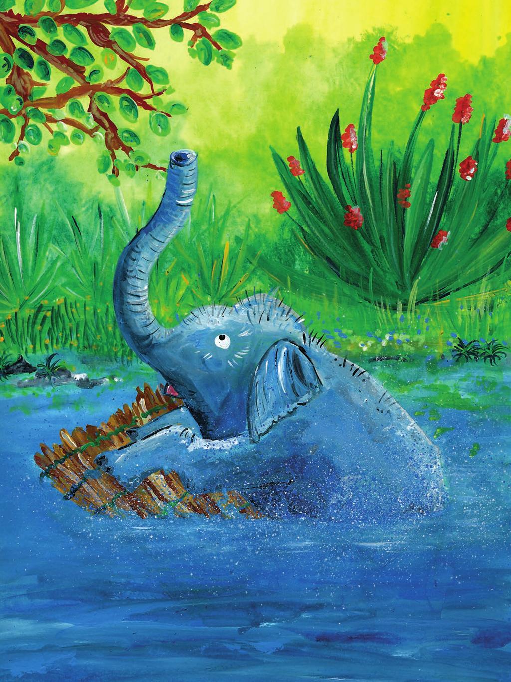 Sein Untergrund beginnt gefährlich zu wanken, und der kleine Elefant verliert das Gleichgewicht. Platsch! Mili fällt rückwärts ins Wasser und taucht ab. Das hätte er sich auch nicht träumen lassen!