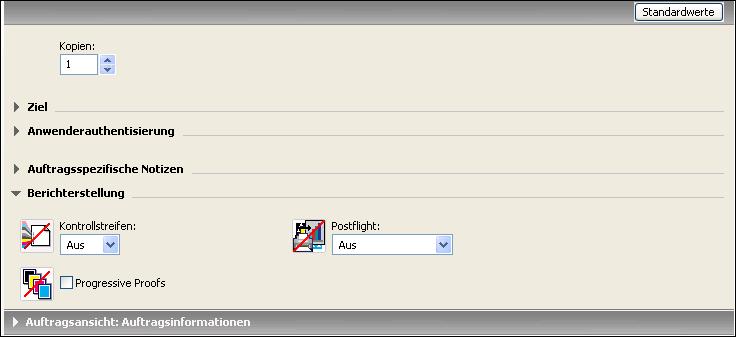 POSTFLIGHT-PRÜFUNG 50 6 Wählen Sie Aus im Einblendmenü Postflight. 7 Klicken Sie auf OK, um das Dialogfenster Eigenschaften zu schließen. 8 Klicken Sie auf Drucken.