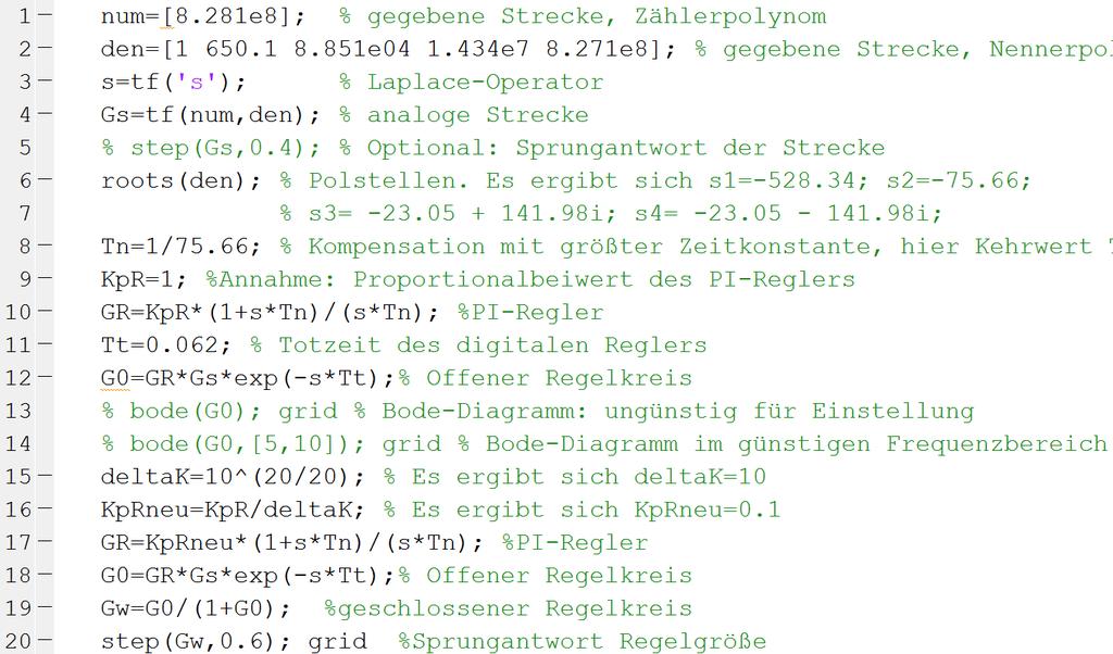 Antwort 4: PI-Regler mit P-T4 schwingungsfähiger Strecke Das vollständige MATLAB-Skript (unten) und die daraus