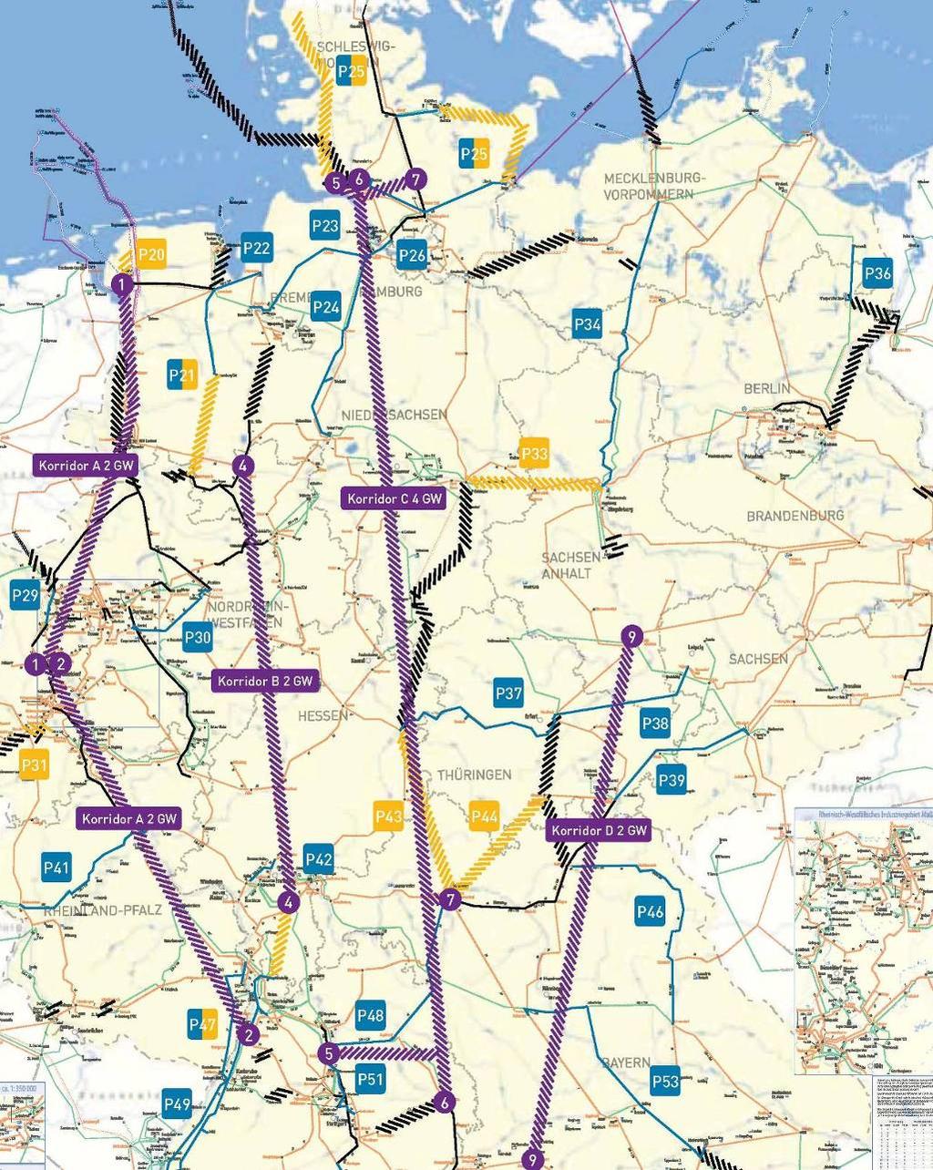 Netzentwicklungsplan 2012 (1. Entwurf, Leitszenario B2022) ca. 1.300 km Verstärkung auf bestehenden Gestängen ca. 2.800 km neue Leitungen auf bestehenden Trassen ca.