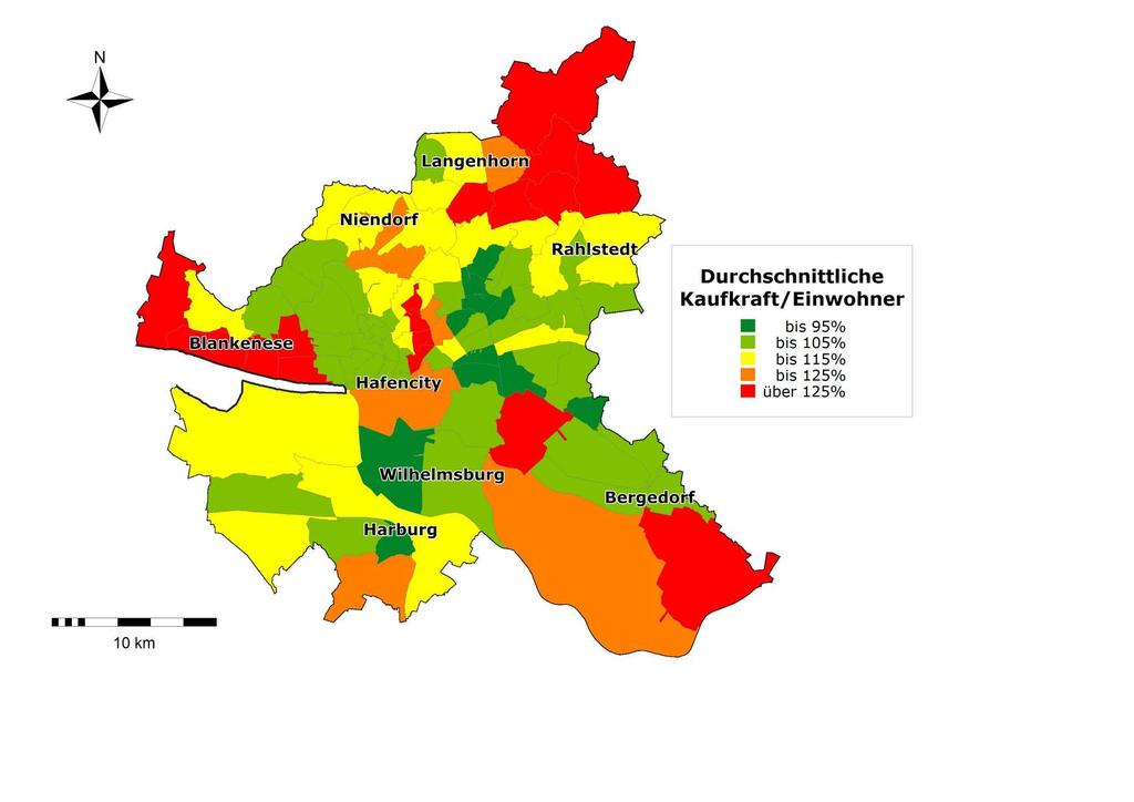 Hamburg - Kaufkraft pro Einwohner Kaufkraft pro Einwohner in Prozent des deutschen Durchschnitts Hamburg besitzt sowohl soziale Brennpunkte als auch sehr wohlhabende Viertel: Während in Teilen von