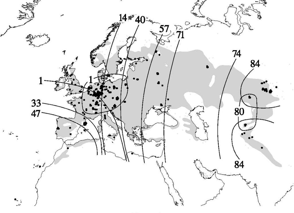 Evidence for pleistocene refugia and postglacial expansion of Arabidopsis thaliana Fig. 4. Distribution of homogeneity of 115 SNPs markers among A. thaliana accessions across the Eurasian range.