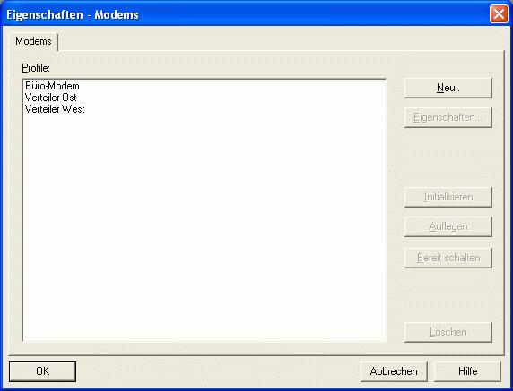 Sind die Modems alle angelegt, können sie in der Übersicht nochmals markiert und mit Eigenschaften kontrolliert oder ggf. geändert werden.