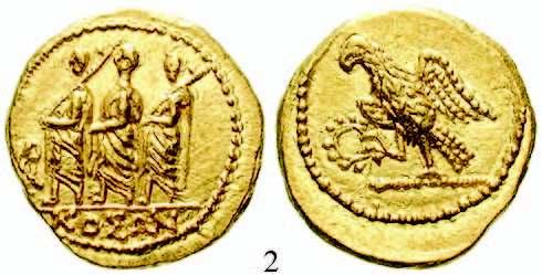 Es liegt daher der Verdacht nahe, Ko(ti)son ließ diese Goldstatere ausmünzen als finanziellen Beitrag zum Krieg von Brutus gegen die bulgarischen Besser, 43 v.chr. 2 Stater 54-29 v.chr. 8,40 g.