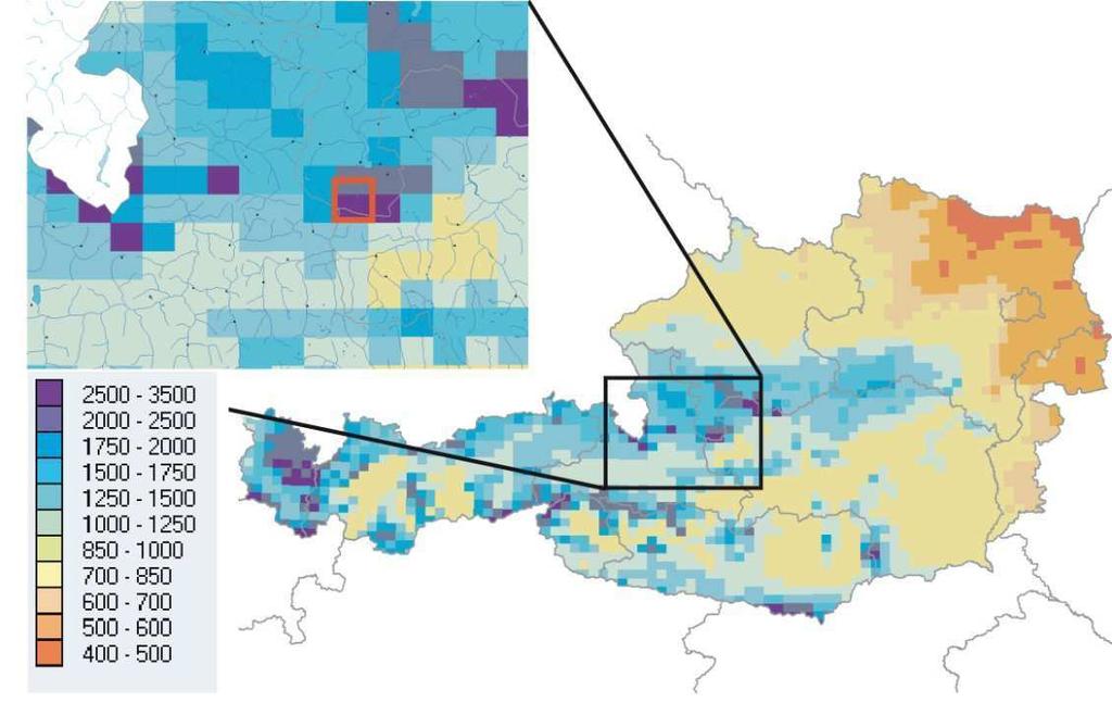 Abbildung 3.1: Mittlere Jahresniederschlagsmenge in mm (Hydrologischer Atlas 2003). Im Ausschnitt rot markiert die Lage des Hallstätter Gletschers.