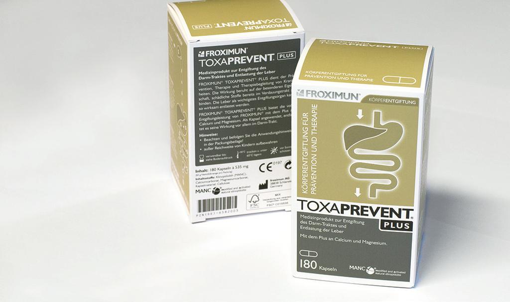 Kapseln, 535 mg Medizinprodukt zur Entgiftung des Darm-Traktes und Entlastung der Leber durch die Bindung und Ausleitung von Ammonium Verpackungstext froximun Toxaprevent plus dient der Prävention,
