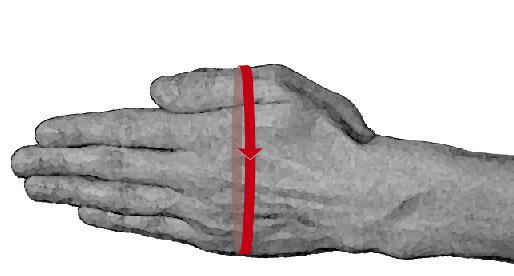 Handumfang: Gemessen wird der Umfang der flachen Hand auf Höhe der Handfläche um die gesamte
