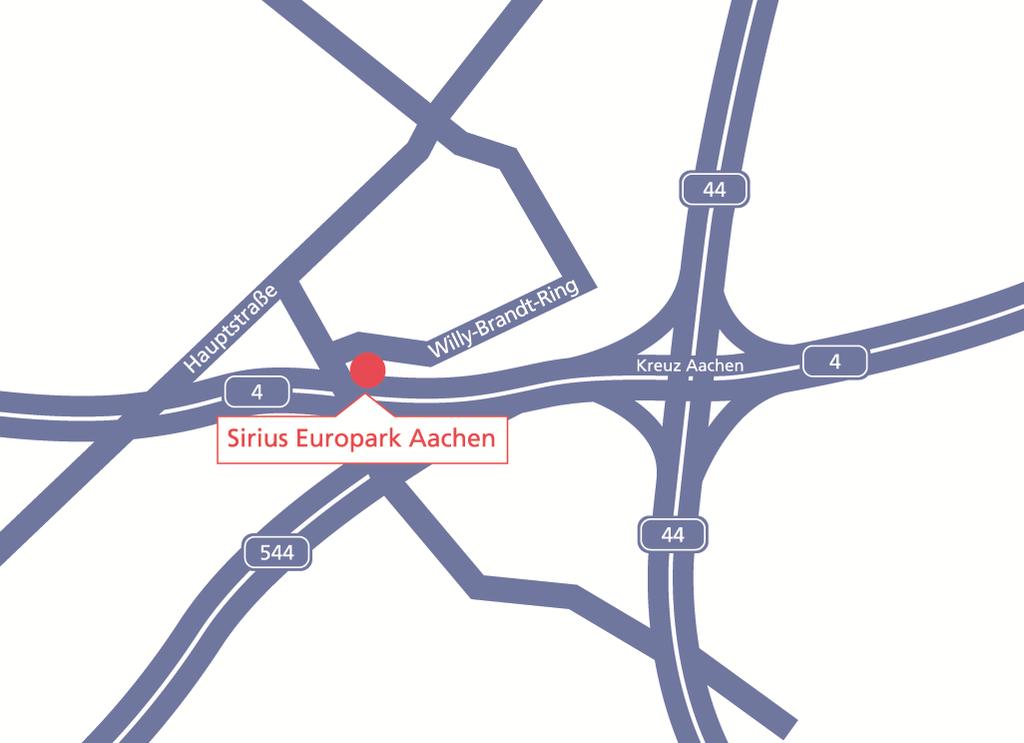 Standort Der Sirius Europark Aachen befindet sich direkt am Aachener Kreuz und bietet Unternehmen moderne Büroräumlichkeiten, sowie Hallen zur Produktion und Lagerung.