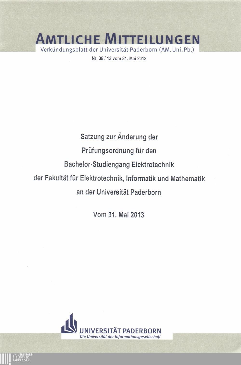 Amtliche Mitteilungen Verkündungsblatt der Universität Paderborn (AM. Uni. Pb.) Nr. 38/13 vom 31.
