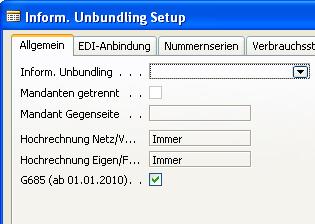 6 Erweiterung NTS.billing 6.1 Einrichtung Inform. Unbundling Setup Im Inform. Unbundling Setup muss das Feld G685 (ab 01.10.2010) aktiviert sein.