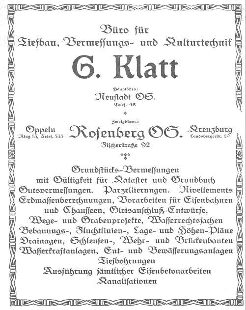 Das Büro für Vermessungstechnik G. Klatt besaß in Kreuzburg an der Landsberger Straße 20 eine Filiale.