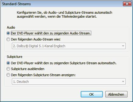 Hauptfilm zu DVD rekodieren Fenster Standard-Streams Im Bereich Untertitel stehen folgende Optionsfelder zur Verfügung: Der DVD-Player wählt den zu zeigenden Untertitel-Stream automatisch Untertitel