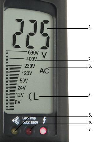 Taster für Niedrigimpedanztest (L1) 4.2 Display 1. 3 ½ - stelliges Display 2. Balkengrafik 3. AC/DC 4.