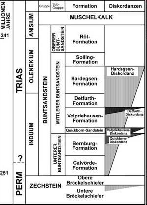 Oberer Buntsandstein 10 bis 70 m flachmarine Ablagerungen, Fossilen von Muscheln und Pfeilschwanzkrebsen Mittlerer Buntsandstein bis 300 m Fluss- und aride Sedimente