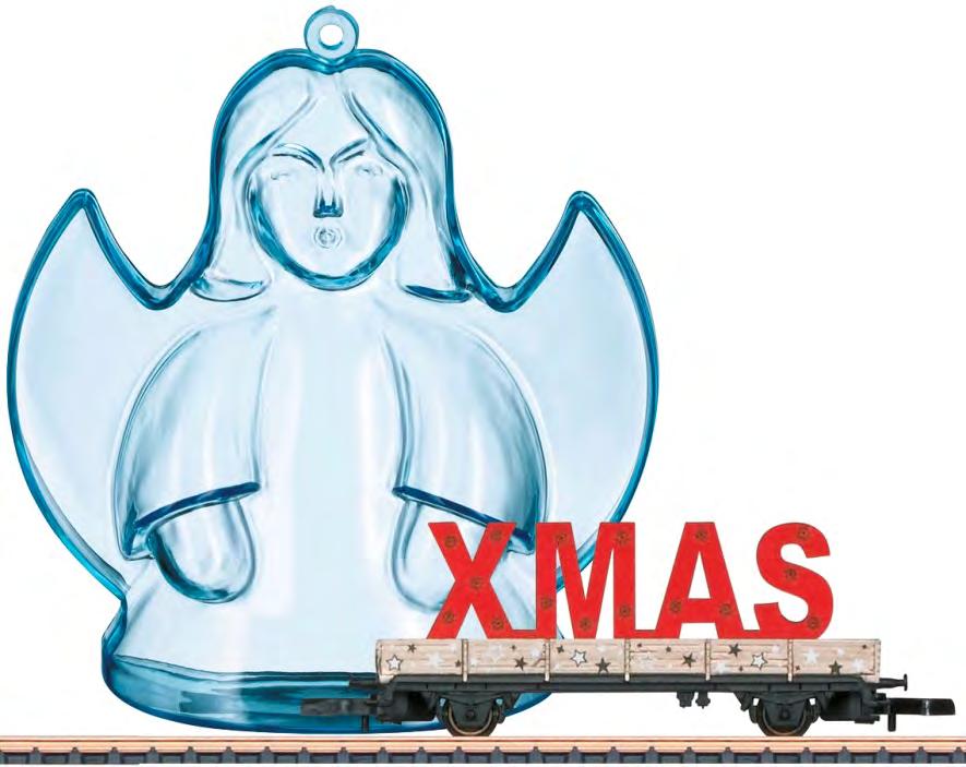 Dieser Weihnachtswagen wird in einem klarsichtigen Engel präsentiert bei dem eine Hälfte transparent durchsichtig blau gehalten ist.