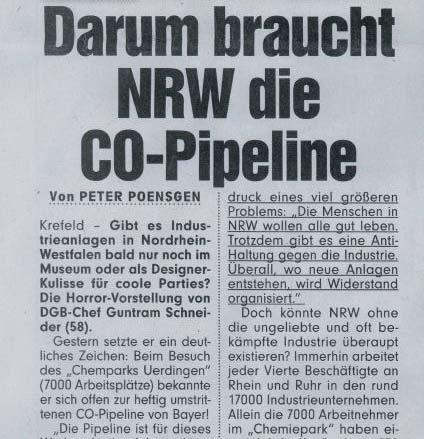 Der DGB NRW hat sich für Pipeline-Projekte eingesetzt und gleichzeitig auf die Verantwortung der Informationspolitik beim CO-Pipeline-Projekt zwischen Krefeld und Dormagen hingewiesen.