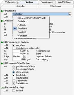 Für Trog-, Sattel- und Pult dächer können optional auch die Windlasten für freistehende Dächer im Programm ermittelt werden. nach dem Verfahren im Regelfall nach Abschnitt 10.