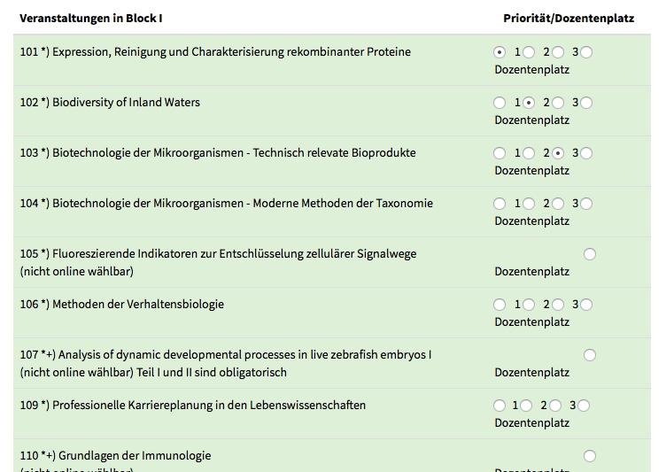 Modulwahl Vergeben Sie innerhalb der Blöcke die Prioritäten (1 bis 3) für die