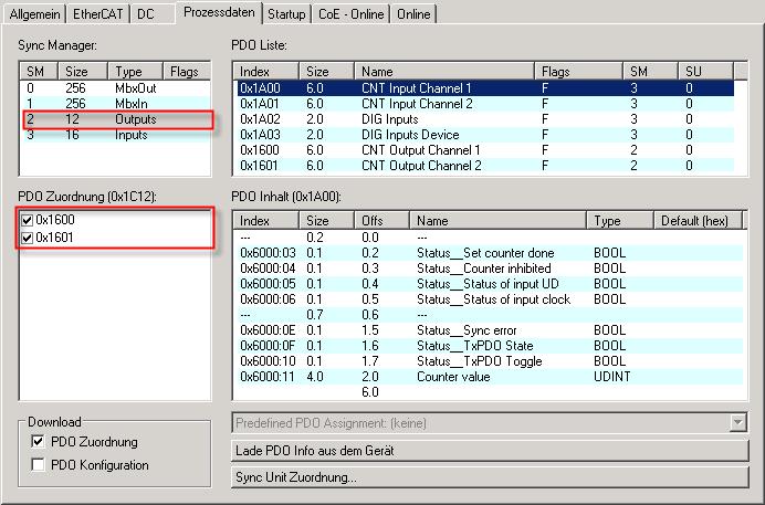 Inbetriebnahme und Konfiguration Betriebsarteinstellungen der PDOs 2 Vorwärts/ Rückwärtszähler (32 Bit) 1 Vorwärts/ Rückwärtszähler (32 Bit) 8 digitale Eingänge, kein Zähler 0x1600 0x1601 0x1A00