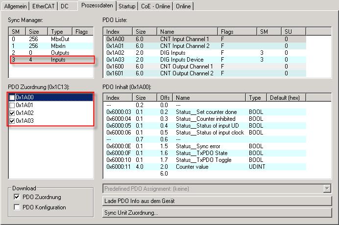 Inbetriebnahme und Konfiguration Abb. 52: Einstellung der PDOs 0x1A02 und 0x1A03 Die PDOs 0x1A02 [} 66] und 0x1A03 [} 66] sind aktiviert.
