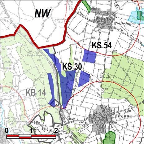 Kennung: KS 30 nordwestlich Breuna Breuna, Volkmarsen Breuna, Volkmarsen Flächengröße Suchraum: 69 ha Vorranggebiet: 112 ha 5.75 m/s bis unter 6.