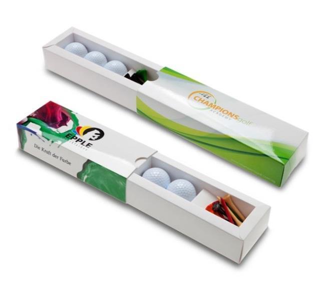 Schiebebox für 2 oder 3 Golfbälle und 10 Tees 6 er Schiebebox Diese Box bietet Platz für 2 oder 3 Golfbälle und Individuell 4-farbig gestaltbare 6er Golfball-Box. 10 Golftees.