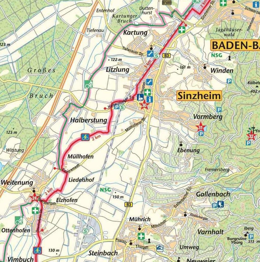 Radwege in Sinzheim Durch die geografische Lage Sinzheims (Oberrheingraben) sind die Radwege vor allem in Nord-Süd-Ausrichtung.