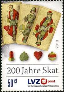 August 2013 - Ausgabe "200 Jahre Skat" selbstklebend - MiNr Sondermarke "200 Jahre Skat" 50 Cent Marke