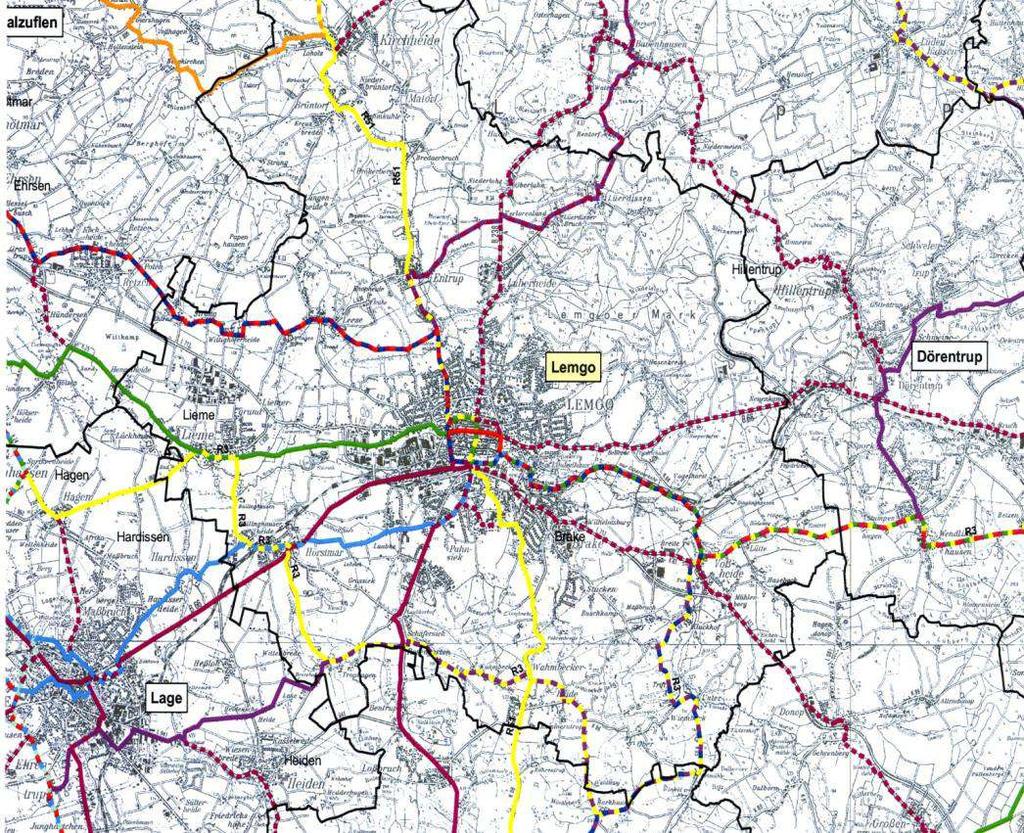 Radverkehrsnetz im Kreis mit 10 touristischen Routen R 1 / D 3-Route Römerroute Weserradweg (WellnessRoute) BRR Weser-Lippe