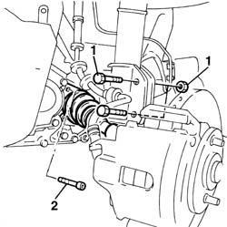 Die Schraubenbolzen des linken Achsschenkels am Stoßdämpfer lösen. 2. Schrauben der linken Antriebswelle vom Flansch am Ausgleichsgetriebe lösen.