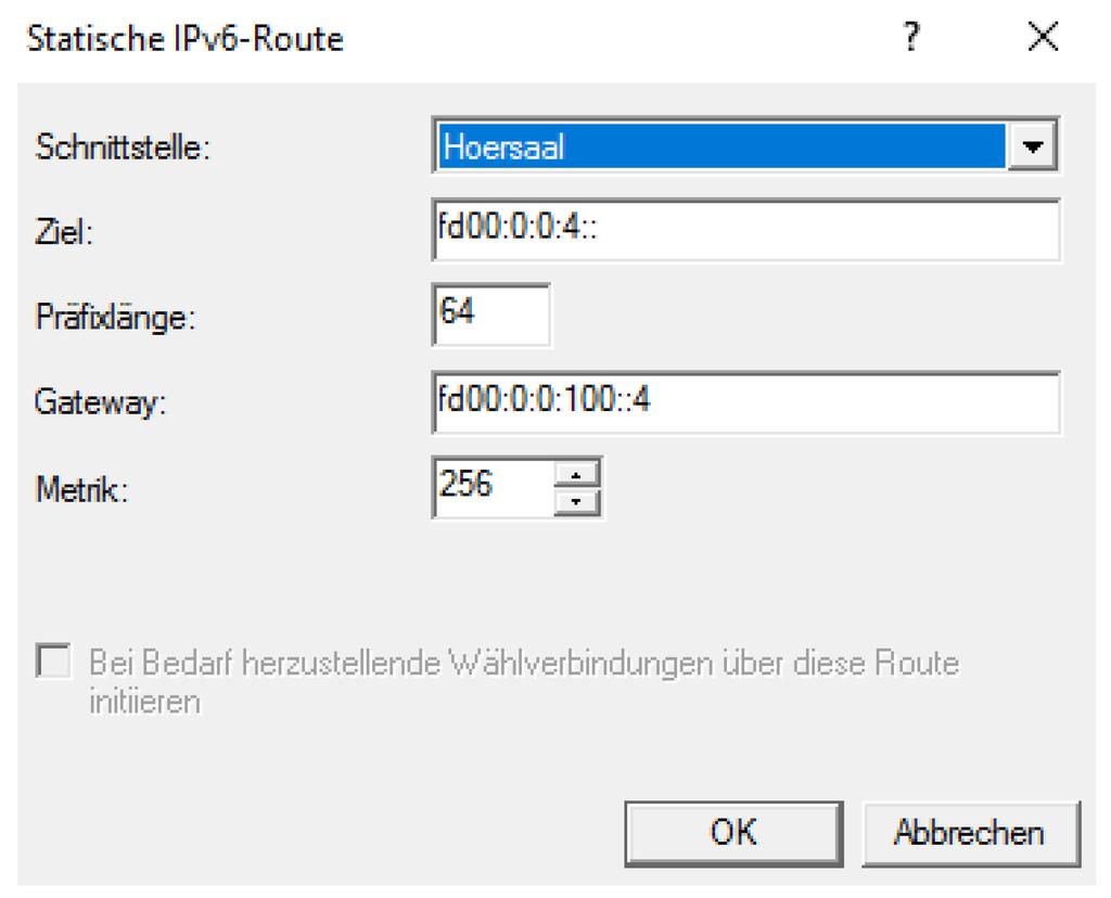Netzwerke IPv6 Internet Protocol Version 6 Neue statische Route anlegen Eintrag im Detail Ergebnis in Routing und RAS PS C:\>> netsh int ipv6 sh route Veröff.