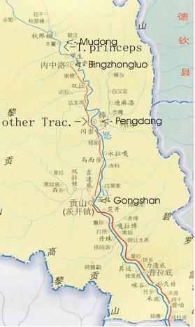 Diskussion 79 Abbildung 4.4: Verbreitung der T. princeps entlang des Nujiang (Yunnan, China) (Karte: James Verhaegen). Die Phylogramme 11 und 12 bilden die T. takil & T. ukhrulense, T. fortunei und T.