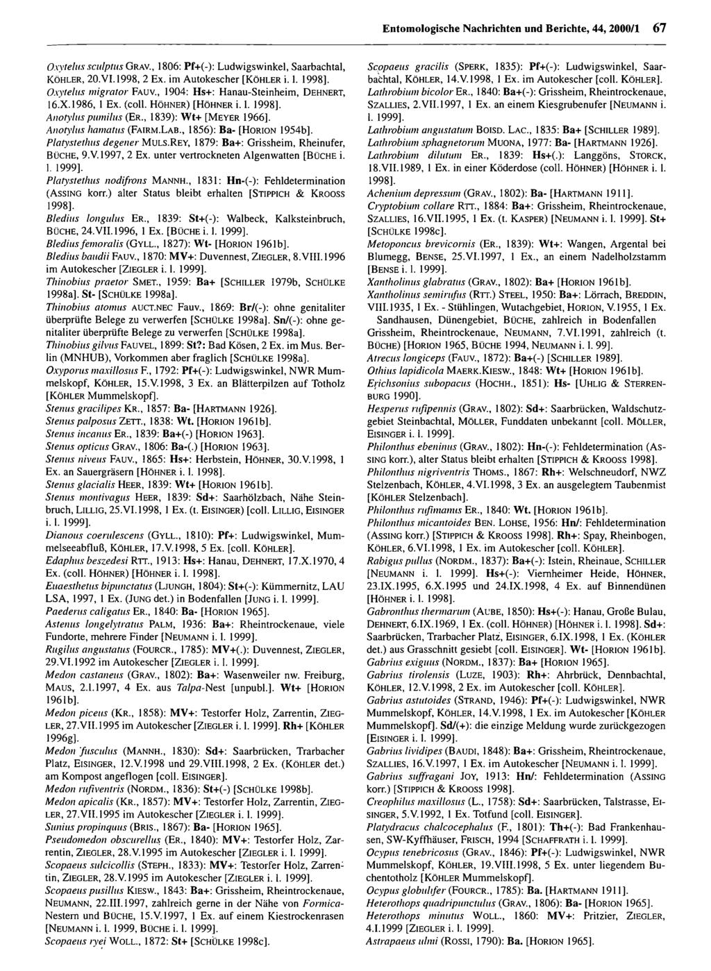 Entomologische Nachrichten und Berichte; download Entomologische unter www.biologiezentrum.at Nachrichten und Berichte, 44, 2000/1 67 Oxytelus sculptus G ra v.
