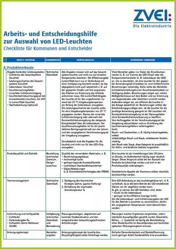 WEITERE HILFSMITTEL CHECKLISTE VON ZVEI» Arbeits- und Entscheidungshilfe zur Auswahl von LED-Leuchten»