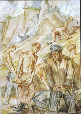 Abbildung 52: Adam Grochowski, The Borer, Aquarell auf Papier, 16 x 20 cm, Mauthausen 1944,