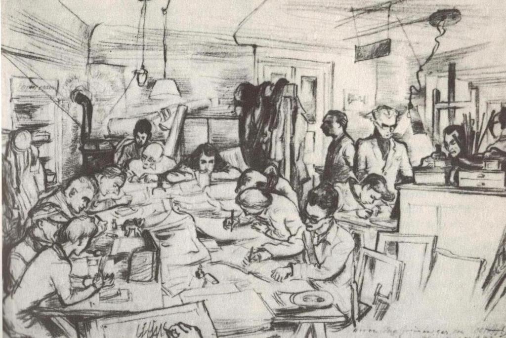 Abbildung 3: Leo Haas, Zeichenstube in Theresienstadt, Tusche auf Papier, 17,5 x 25 cm, 11.