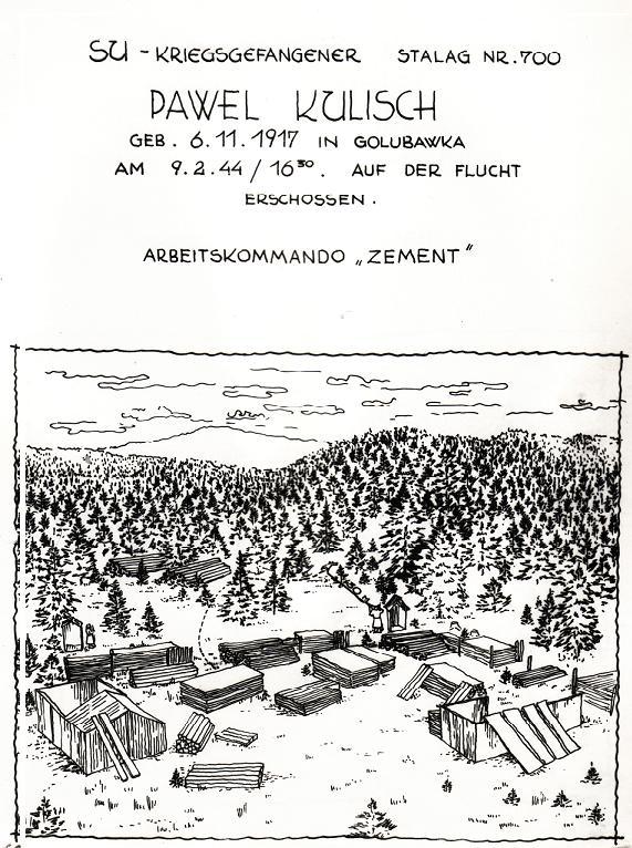 Abbildung 8: Illustration des Todesfalls von Pawel Kulisch, Arbeitskommando Zement, Tusche auf Papier, Ebensee 9.