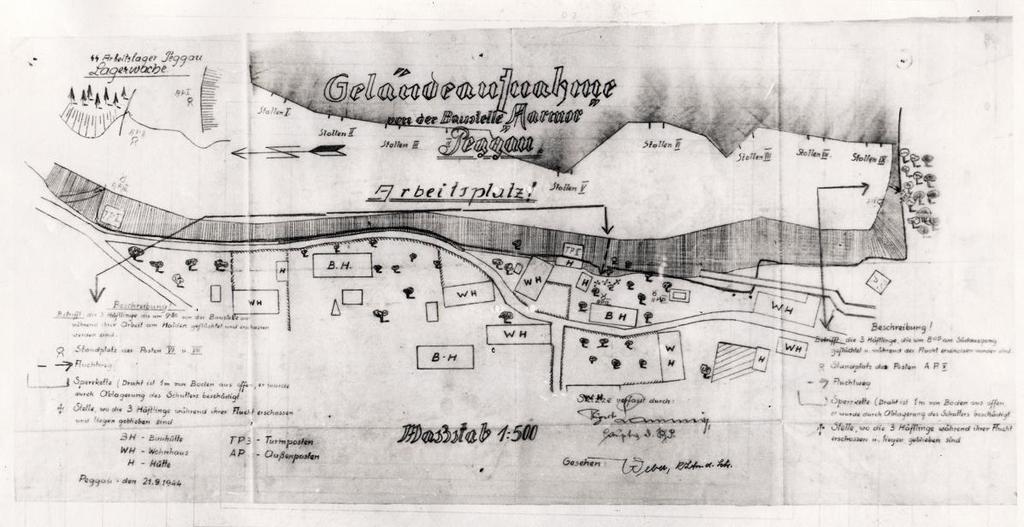 Abbildung 12: Geländeplan zur Flucht von Abdula Gaschimow, Tusche auf Papier, Gusen 9. November 1944 [AMM E 01c/06e]. 6.