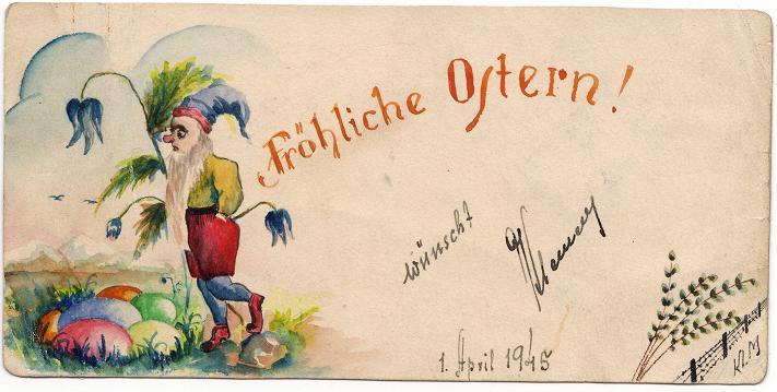 Abbildung 31: Osterkarte an den Blockältesten Franz Herbert (Block 22), Aquarell auf Papier,