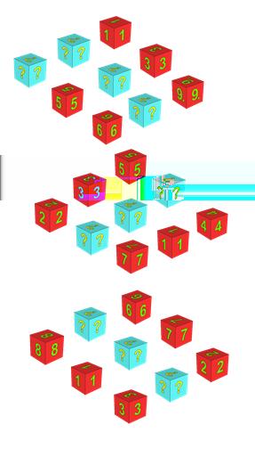 Im dreidimensionalen 3x3x3-Gitter müssen die fehlenden Zahlen auf den blauen Würfeln gefunden werden. Es dürfen nur Zahlen von 1 bis 9 gewählt werden.