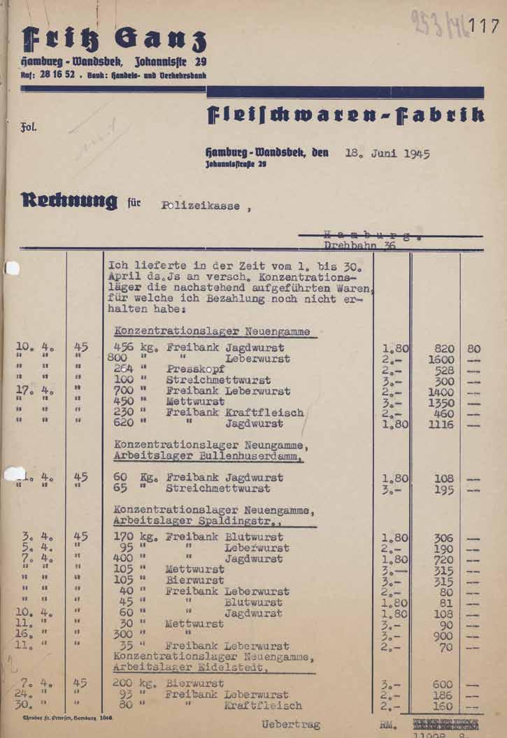 18 Die SS im KZ Neuengamme Die Abwicklung der Warenlieferung für die Versorgung der Häftlinge und SS-Männer des KZ Neuengamme lief über die Verwaltungsabteilung.