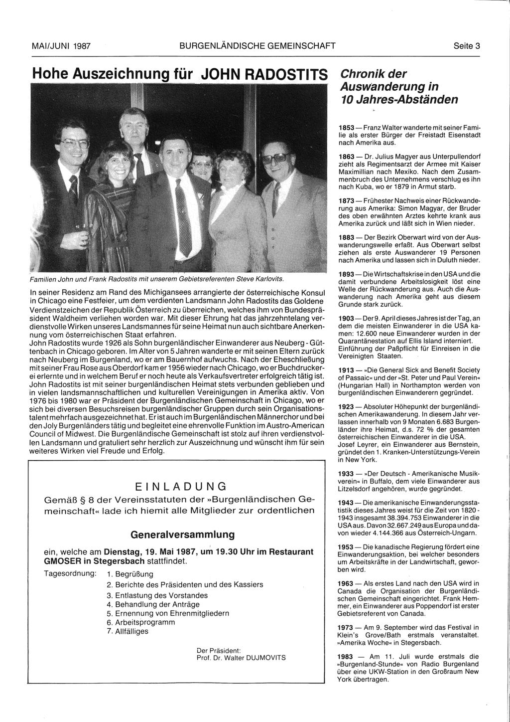 MAI/JUNI 1987 BURGENLÄNDISCHE GEMEINSCHAFT Seite 3 Hohe Auszeichnung für..john RADOS.
