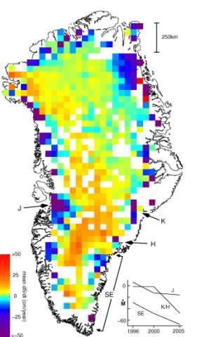 Grönländischer Eisschild schrumpft Grönland gewinnt Masse im Inneren, aber verliert mehr am Rand Grönlands Massenverlust
